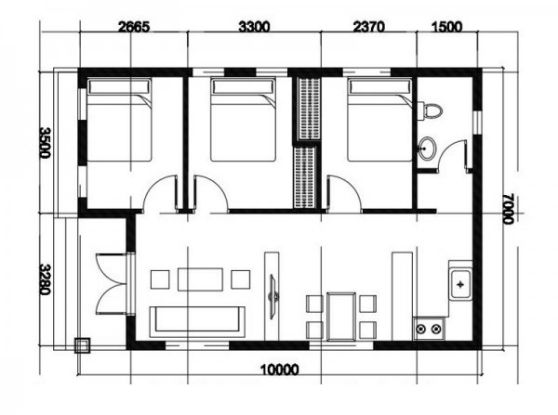 BTS bản vẽ chi tiết HD mẫu nhà cấp 4 có 3 phòng ngủ