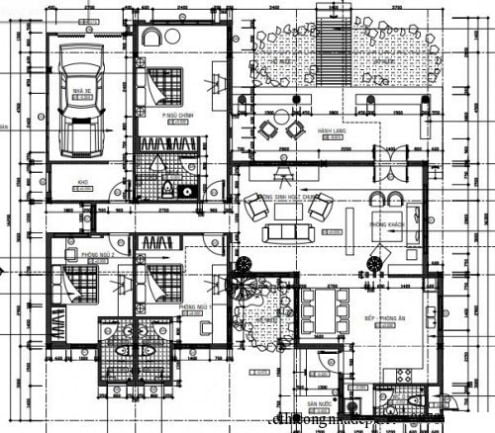 Phương án 15 thiết kế biệt thự 1 tầng 3 phòng ngủ 14.8×15.4m