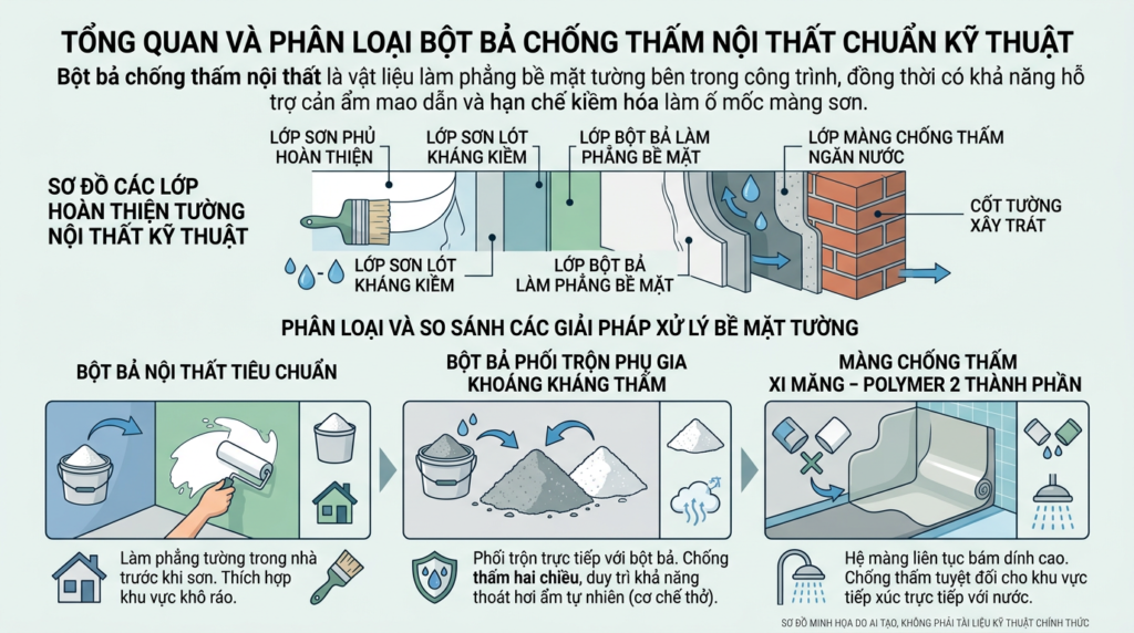 Sơ đồ kỹ thuật cấu tạo các lớp vật liệu hoàn thiện tường nội thất và vị trí lớp bột bả