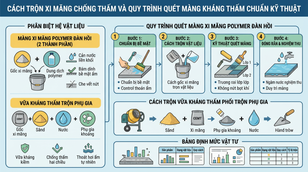 Sơ đồ minh họa Cách Trộn Xi Măng Chống Thấm Và Quy Trình Quét Màng Kháng Thấm Chuẩn Kỹ Thuật