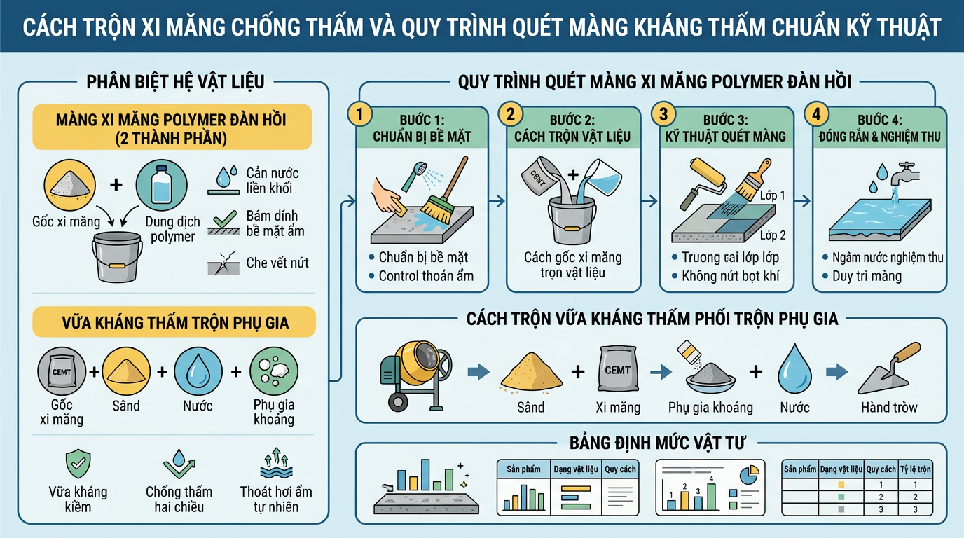 Sơ đồ minh họa Cách Trộn Xi Măng Chống Thấm Và Quy Trình Quét Màng Kháng Thấm Chuẩn Kỹ Thuật