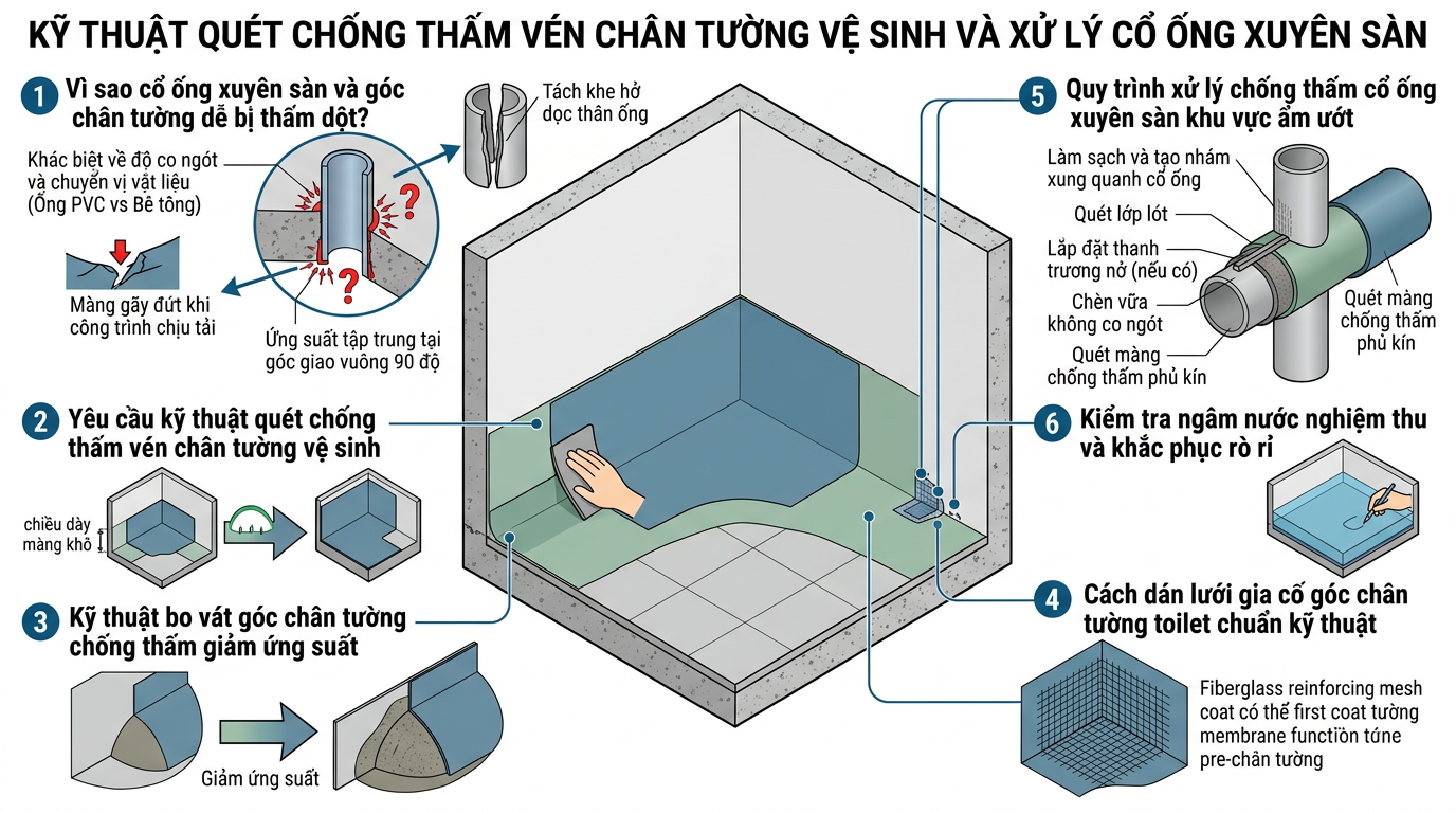 Sơ đồ minh họa Kỹ Thuật Quét Chống Thấm Vén Chân Tường Vệ Sinh Và Xử Lý Cổ Ống Xuyên Sàn