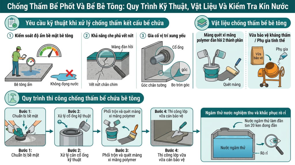 Sơ đồ minh họa Chống Thấm Bể Phốt Và Bể Bê Tông: Quy Trình Kỹ Thuật, Vật Liệu Và Kiểm Tra Kín Nước