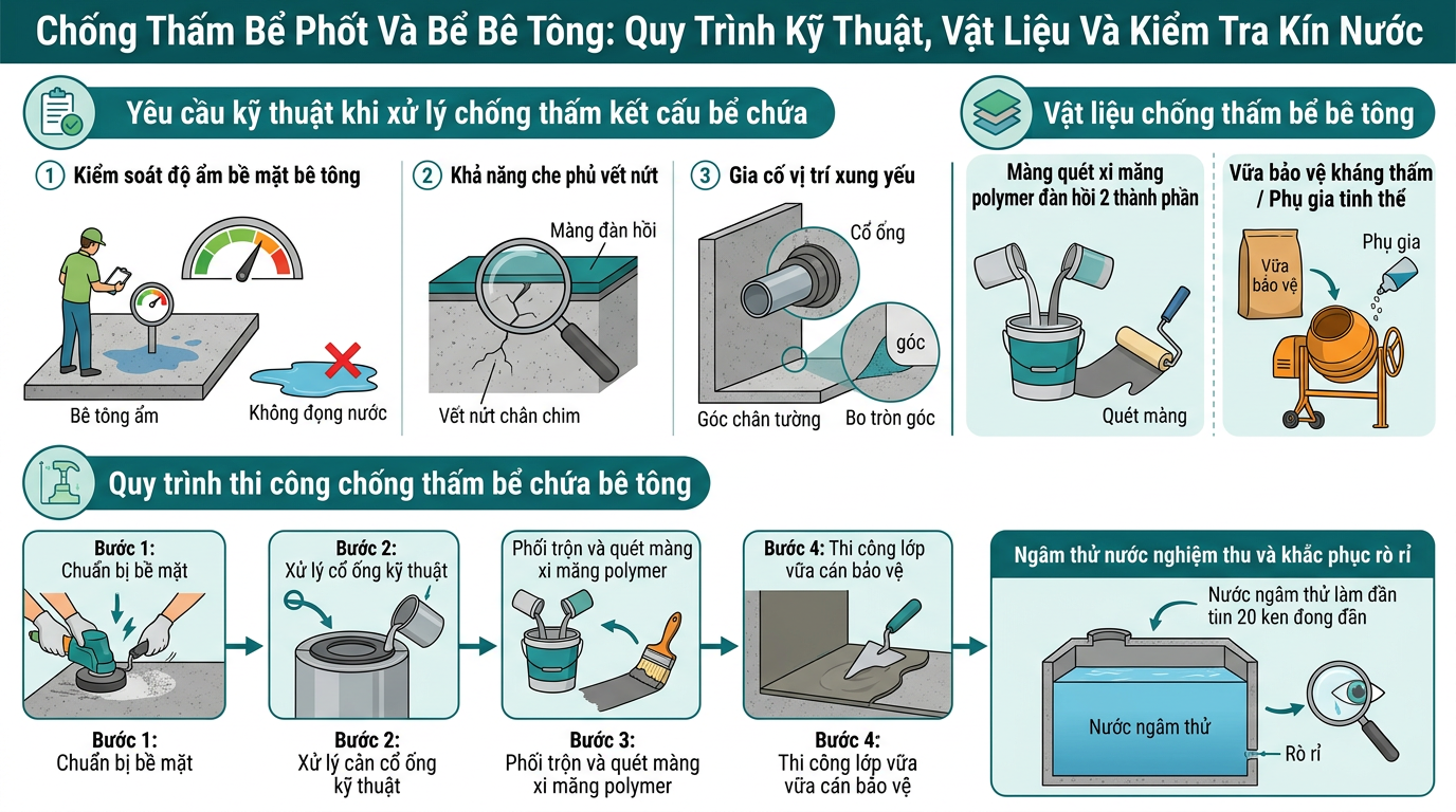 Sơ đồ minh họa Chống Thấm Bể Phốt Và Bể Bê Tông: Quy Trình Kỹ Thuật, Vật Liệu Và Kiểm Tra Kín Nước