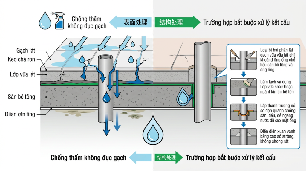 Sơ đồ kỹ thuật mặt cắt sàn vệ sinh và vị trí xử lý cổ ống thoát sàn
