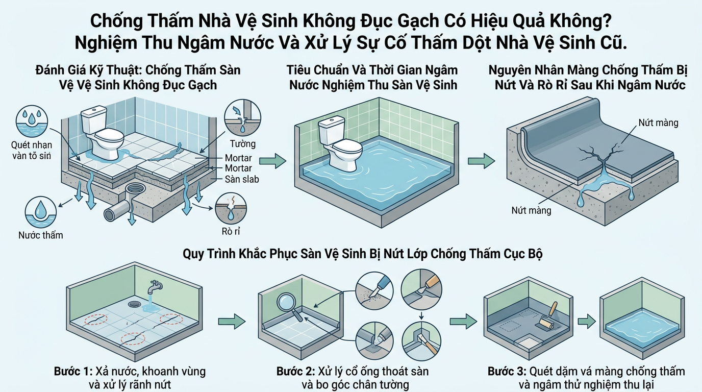 Sơ đồ minh họa Chống Thấm Nhà Vệ Sinh Không Đục Gạch Có Hiệu Quả Không? Nghiệm Thu Ngâm Nước Và Xử Lý Sự Cố Thấm Dột Nhà Vệ Sinh Cũ