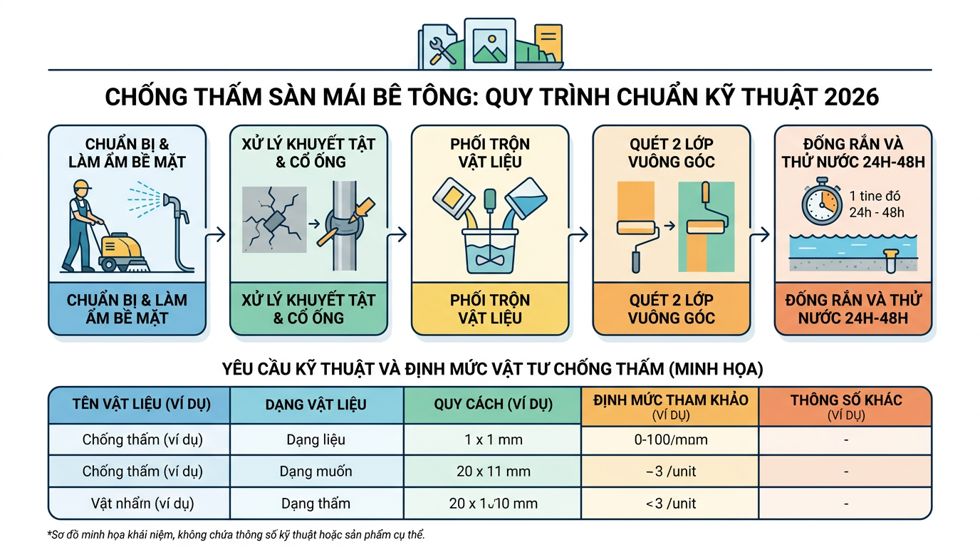Sơ đồ quy trình 5 bước thi công chống thấm sàn mái bê tông chuẩn kỹ thuật