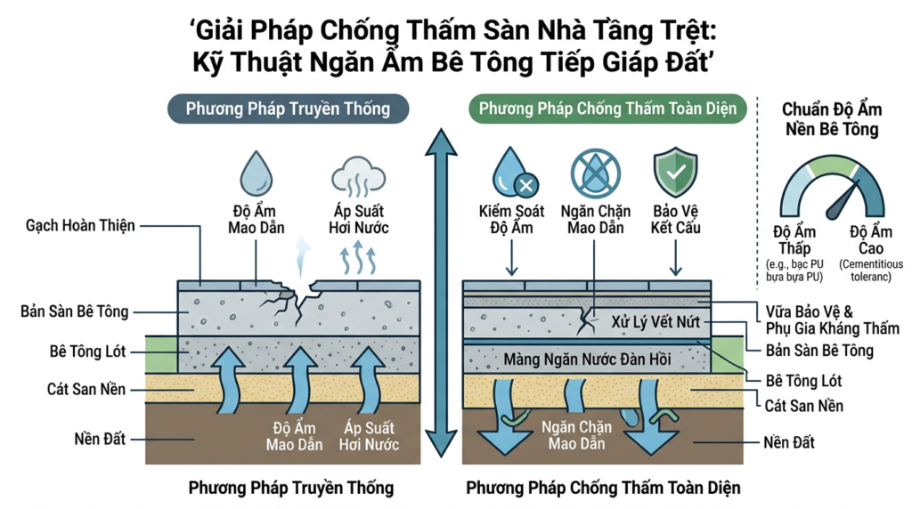 Sơ đồ mặt cắt kỹ thuật các lớp chống thấm sàn bê tông tiếp giáp đất ẩm