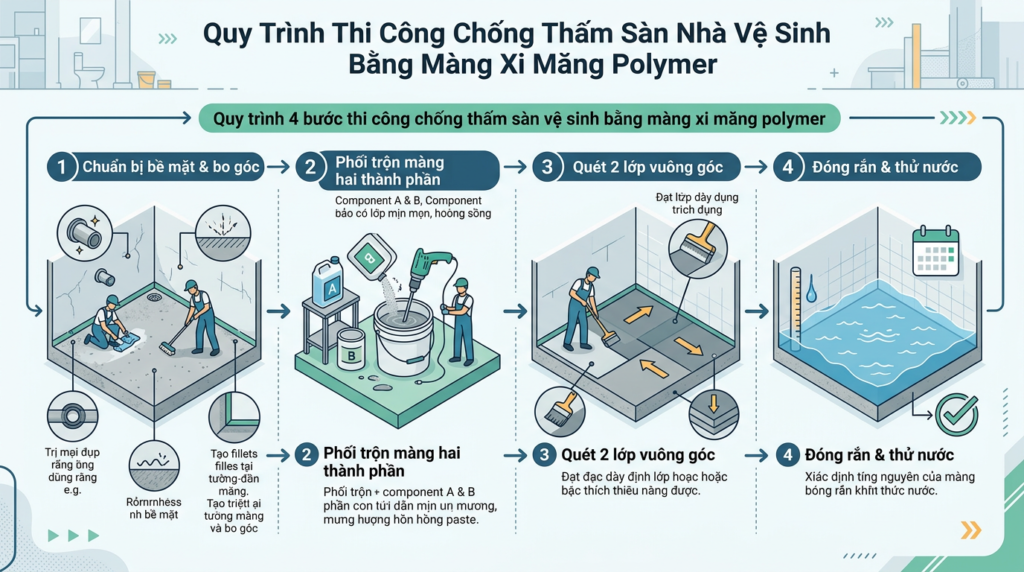 Sơ đồ quy trình 4 bước thi công chống thấm sàn vệ sinh bằng màng xi măng polymer