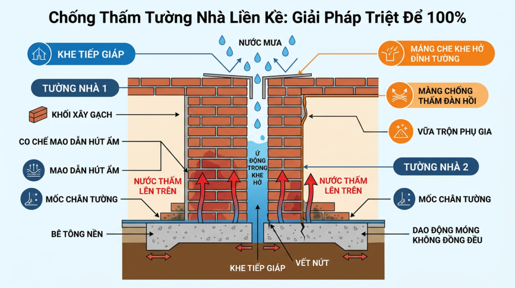 Sơ đồ mặt cắt kỹ thuật khe tiếp giáp giữa hai tường nhà liền kề và cơ chế mao dẫn nước