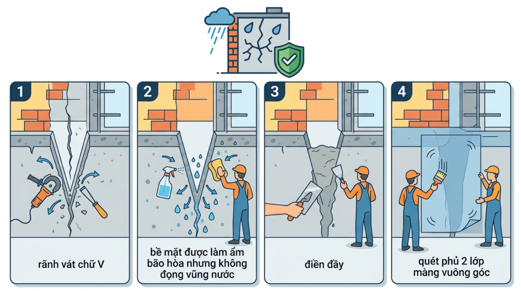 Sơ đồ quy trình 4 bước kỹ thuật xử lý rãnh nứt chữ V và thi công vữa vá nứt bê tông chống thấm