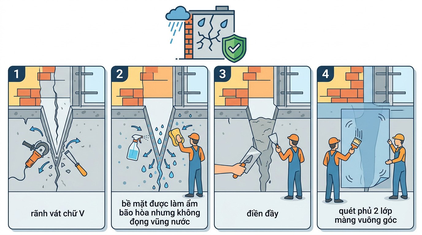 Sơ đồ quy trình 4 bước kỹ thuật xử lý rãnh nứt chữ V và thi công vữa vá nứt bê tông chống thấm