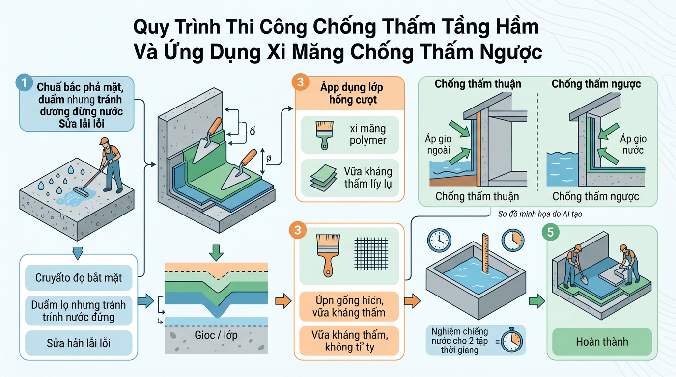 Sơ đồ quy trình 5 bước thi công chống thấm tầng hầm chuẩn kỹ thuật